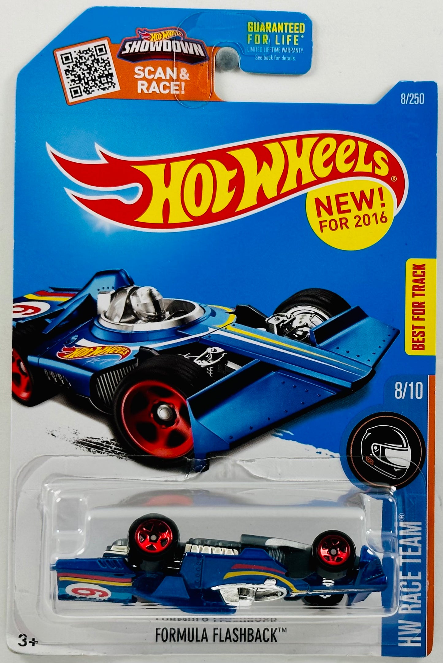 Hot Wheels 2016 - Collector # 008/250 - HW Race Team 08/10 - New Models - Formula Flashback - Metalflake Blue - USA 'Scan & Race' Card