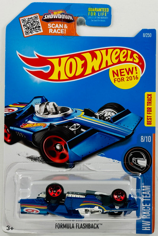 Hot Wheels 2016 - Collector # 008/250 - HW Race Team 08/10 - New Models - Formula Flashback - Metalflake Blue - USA 'Scan & Race' Card