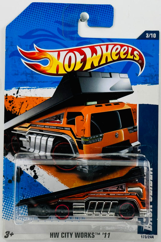 Hot Wheels 2011 - Collector # 173/244 - HW City Works 03/10 - Back Slider - Orange - Chrome Windows with HW Banner / Black Ramp - ERROR: Rear Wheel - Walmart Exclusive - USA