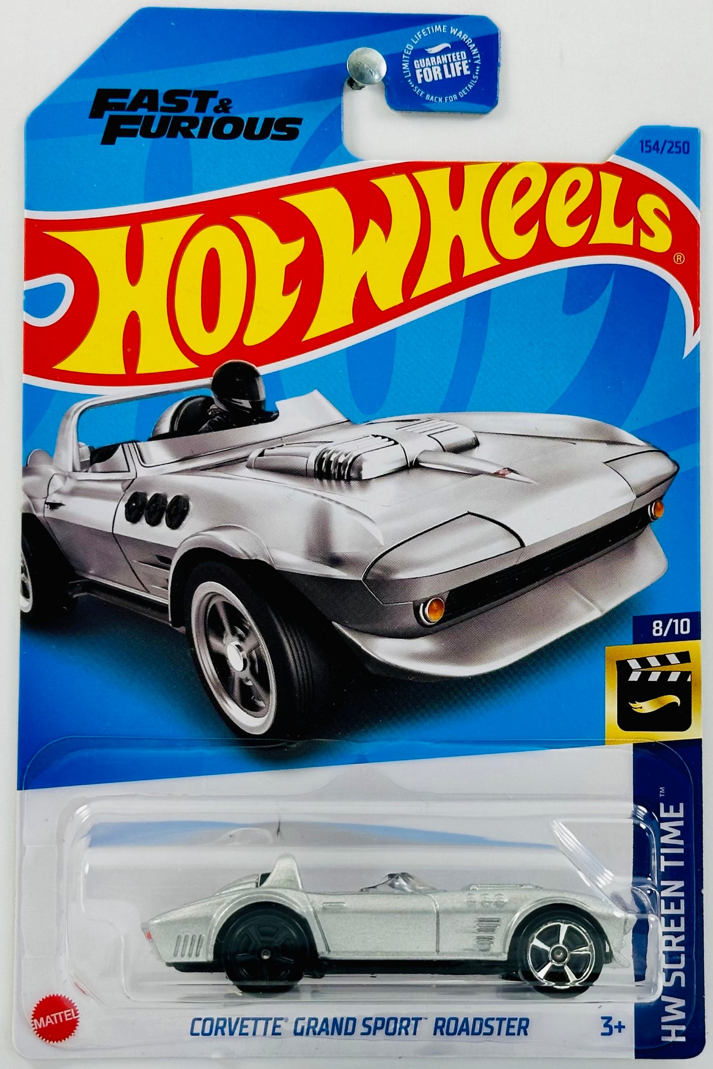 Hot Wheels 2023 - Collector # 154/250 - HW Screen Time 08/10 - Corvette Grand Sport Roadster - Sliver - Fast & Furious - ERROR: Real Wheel - USA