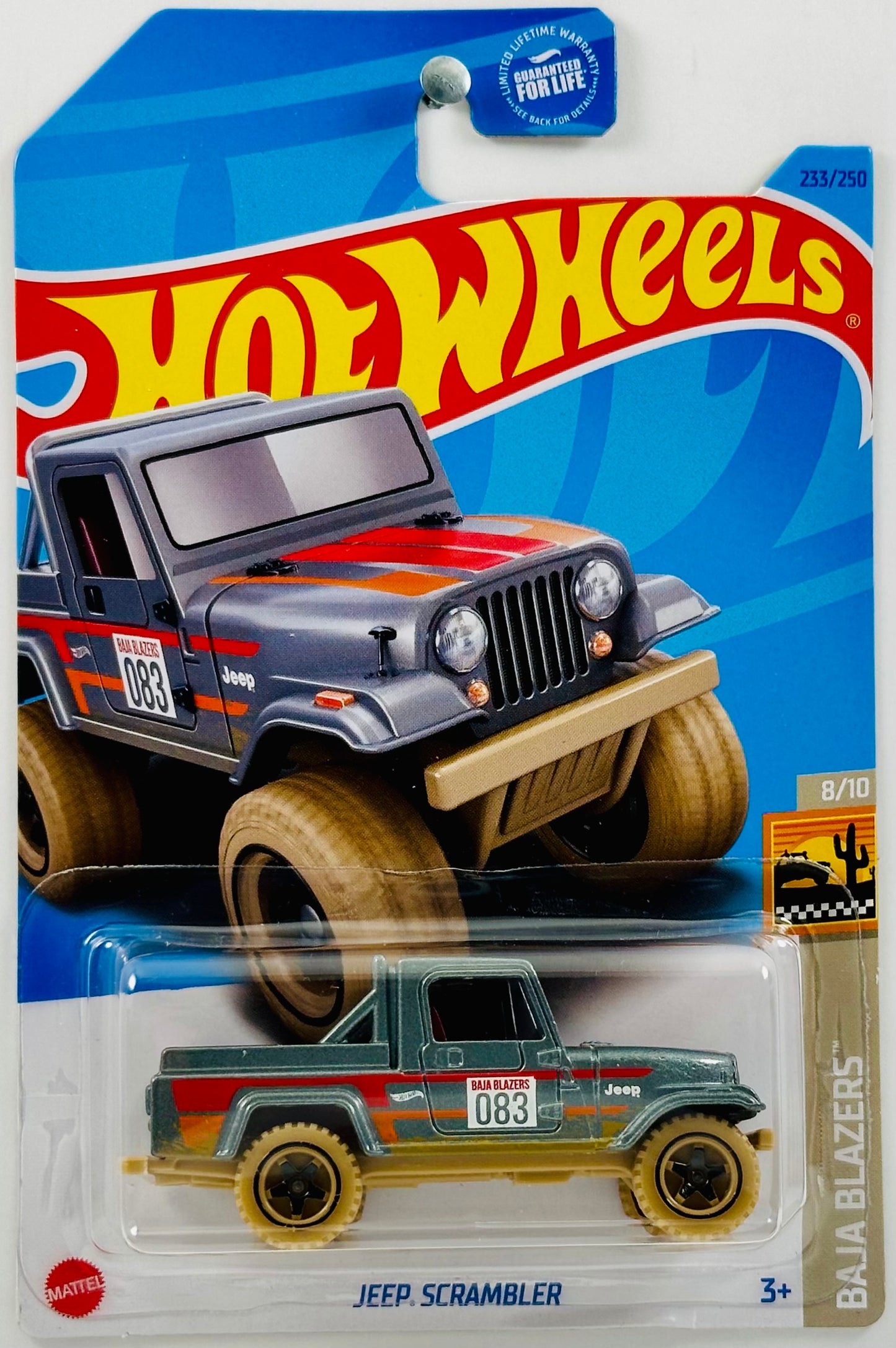 Hot Wheels 2023 - Collector # 233/250 - Baja Blazers 08/10 - Jeep Scrambler - Metalflake Gray - '083' / Orange & Red Stripes - BAJA5 Wheels - USA Card