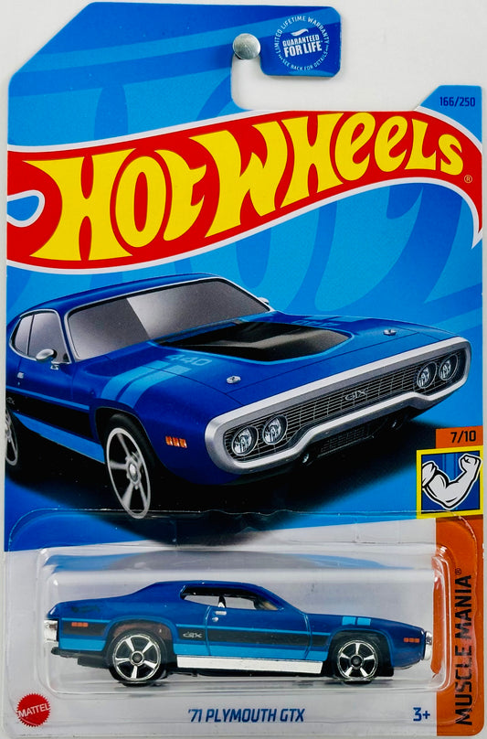 Hot Wheels 2023 - Collector # 166/250 - Muscle Mania 07/10 - '71 Plymouth GTX - Blue - Black Side Stripe & Hood Scoop - USA