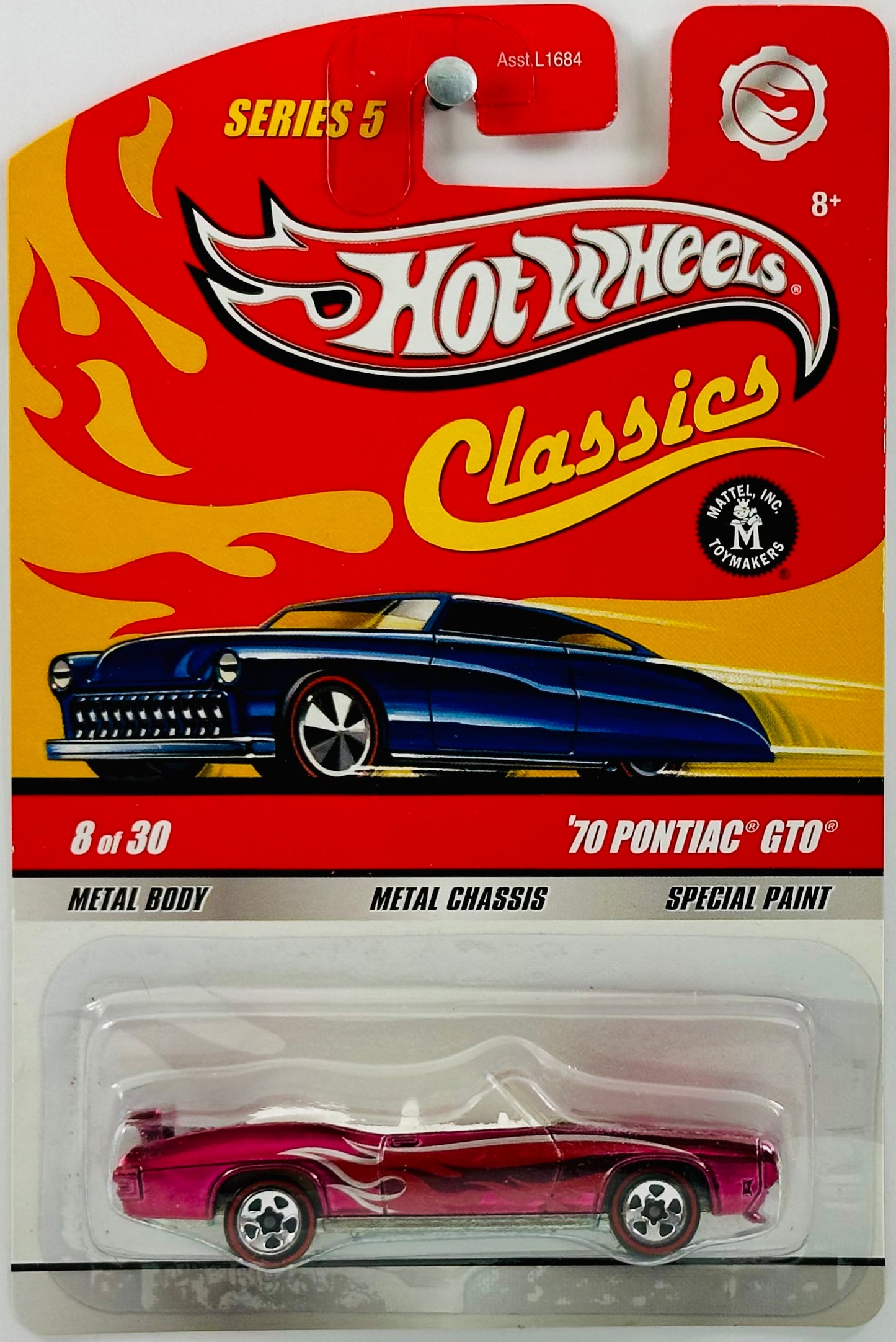 Hot Wheels 2009 - Classics Series 5 # 08/30 - '70 Pontiac GTO (Convertible) - Spectraflame Pink / Red & Sliver Flames - Red Line 5 Spoke - Metal/Metal