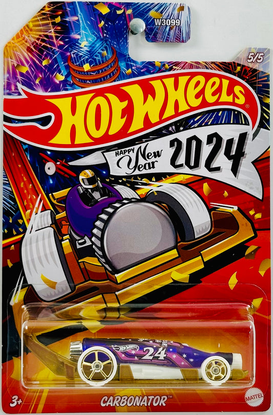 Hot Wheels 2023 - Holiday Hot Rods # 05/05 - CHASE - Caronator - Transparent Purple - 'Happy New Year 2024' - Walmart Exclusive