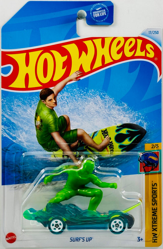 Hot Wheels 2024 - Collector # 017/250 - HW Xtreme Sports 02/05 - Surf's Up - Clear Aqua - Neon Green Surf Board - USA