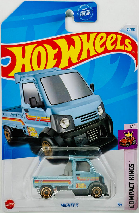 Hot Wheels 2024 - Collector # 021/250 - Compact Kings 01/05 - Mighty K - Metalflake Light Blue - 'GMG Surf & Skate' - USA