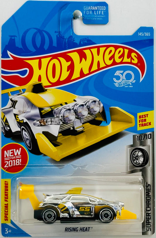 Hot Wheels 2018 - Collector # 145/365 - Super Chromes 10/10 / New Models - Rising Heat - Chrome & Yellow - USA '50th' Card