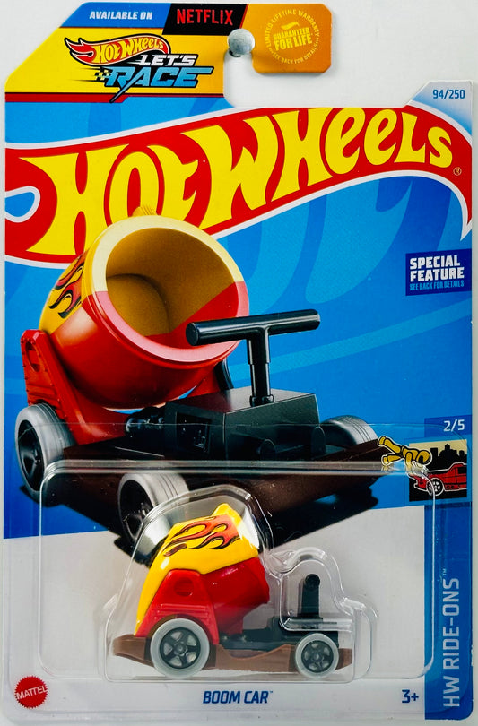 Hot Wheels 2024 - Collector # 094/250 - HW Ride Ons 02/05 - Boom Car - Yellow & Red - USA 'Let's Race' Card