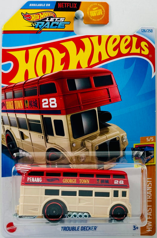 Hot Wheels 2024 - Collector # 126/250 - HW Fast Transit 05/05 - Trouble Decker - Red & Tan - 'George Town' - USA 'Let's Race' Card