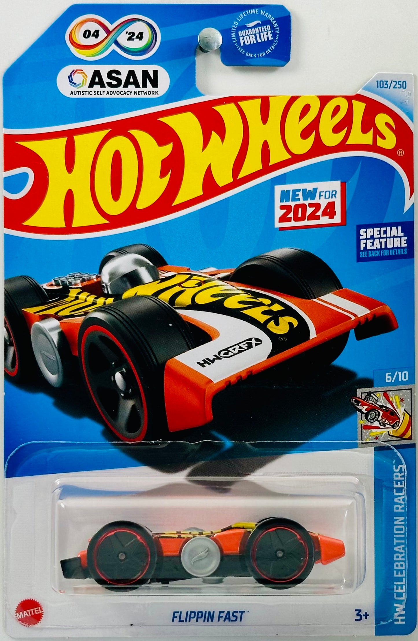 Hot Wheels 2024 - Collector # 103/250 - HW Celebration Racers 06/10 - New Models - Flippin Fast - Orange - World Autism Awareness Day - USA 'ASAN' Card