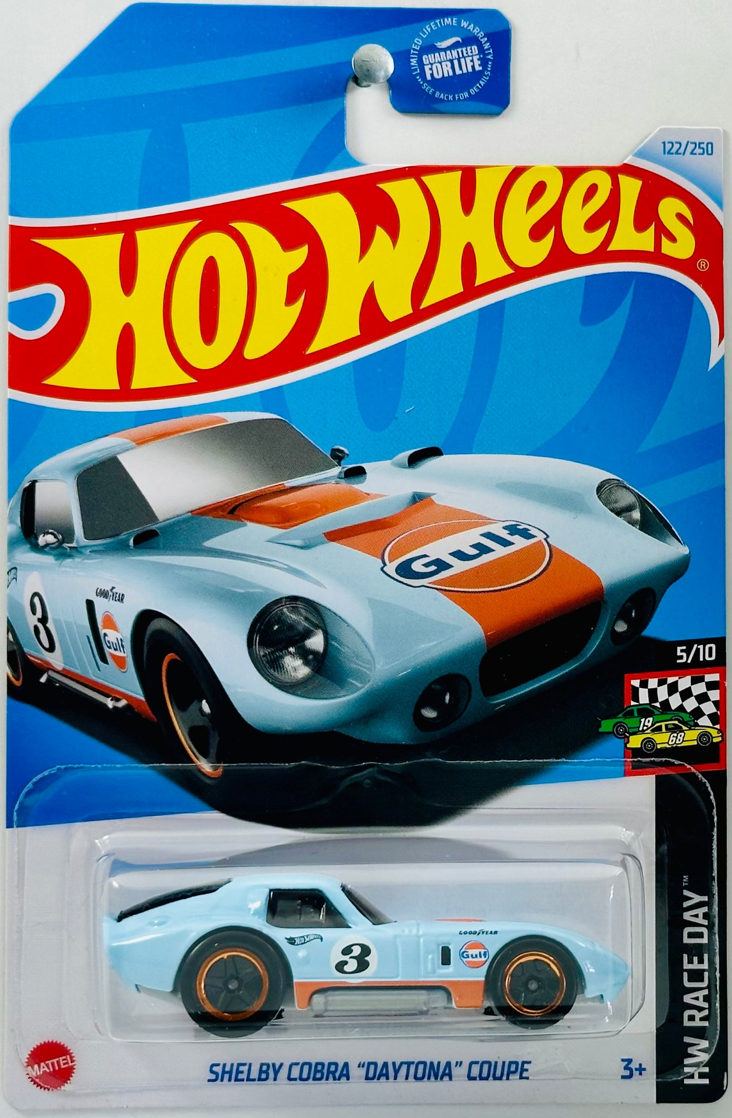 Hot Wheels 2024 - Collector # 122/250 - HW Race Day 05/10 - Shelby Cobra "Daytona" Coupe - Gulf Racing Blue / #3 - 5SP Wheels - USA Card