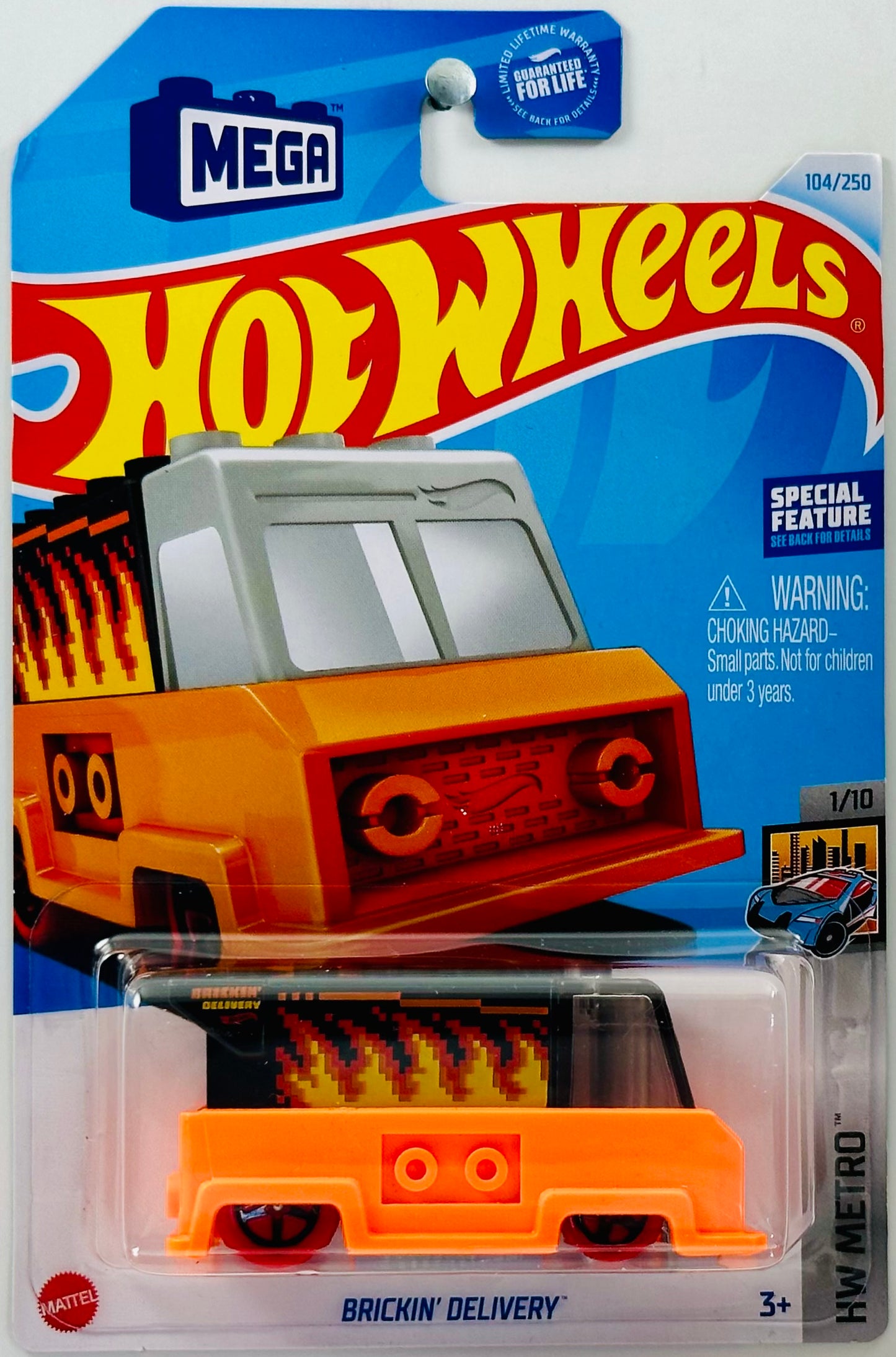 Hot Wheels 2024 - Collector # 104/250 - HW Metro 01/10 - Brickin' Delivery - Orange - Pixel Flames - USA 'MEGA' Card