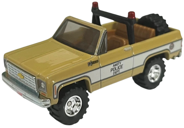 Hot Wheels 2023 - Premium / Replica Entertainment / JAWS - '75 Chevy Blazer Custom - Tan / 'Amity Police Dept.' - Metal/Metal & Real Riders / Off-Road Deep Dish (ORDDRR) Wheels