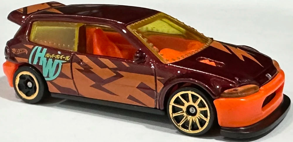 Hot Wheels 2023 - Collector # 172/250 - HW Drag Strip 07/10 - Honda Civic Custom - Maroon / Orange Lightning Bolts, "HW", "ホットホ ィール" on Sides - Kroger Exclusive - USA