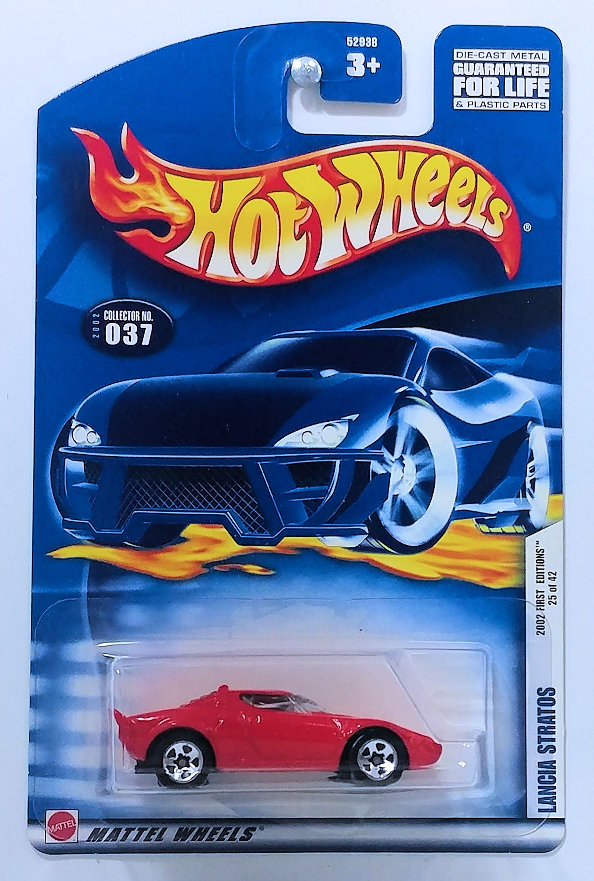 Hot Wheels 2002 - Collector # 037/240 - First Editions 25/42 - Lancia Stratos - Red - 5 Spokes - NO Stripes - USA Card