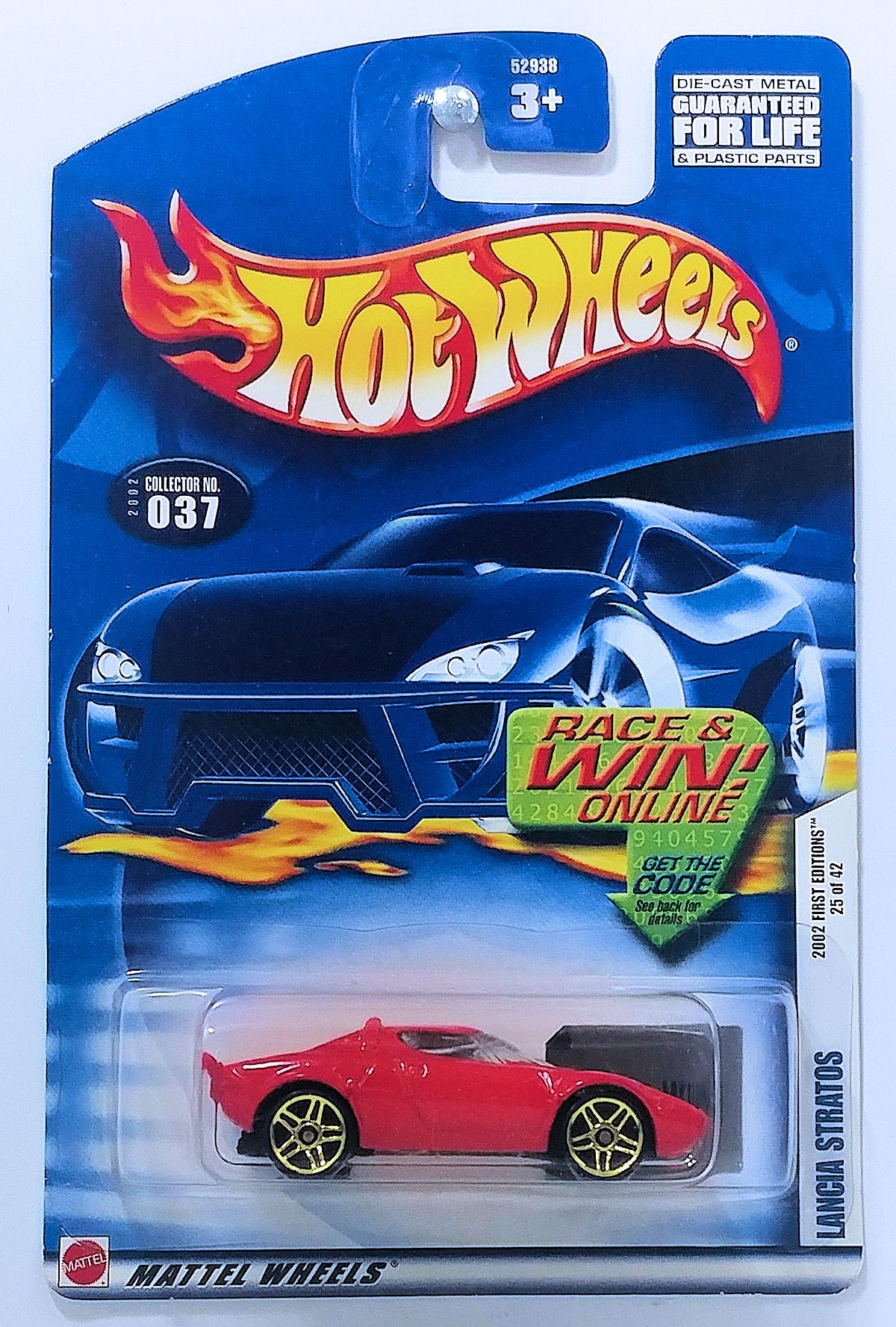 Hot Wheels 2002 - Collector # 037/240 - First Editions 25/42 - Lancia Stratos - Red - Gold PR5s - Stripes on top of Fenders - USA Race & Win Card