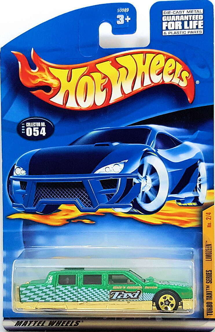 Hot Wheels 2001 - Collector # 054/240 - Turbo Taxi Series 2/4 - Limozeen - Metalflake Green / Taxi - Gold 5 Spokes - USA Card