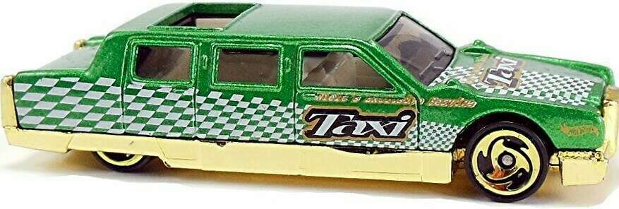 Hot Wheels 2001 - Collector # 054/240 - Turbo Taxi Series 2/4 - Limozeen - Metalflake Green / Taxi - Gold Sawblades - Thailand - USA Card