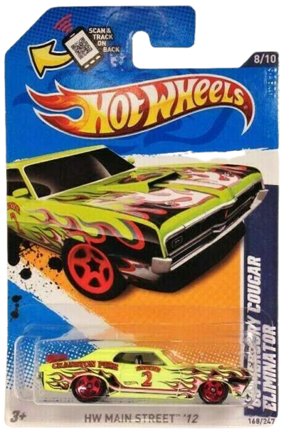 Hot Wheels 2012 - Collector # 168/247 - HW Main Street 8/10 - '69 Mercury Cougar Eliminator - Fluorescent Yellow / Cranston Fire - KMart Exclusive - USA