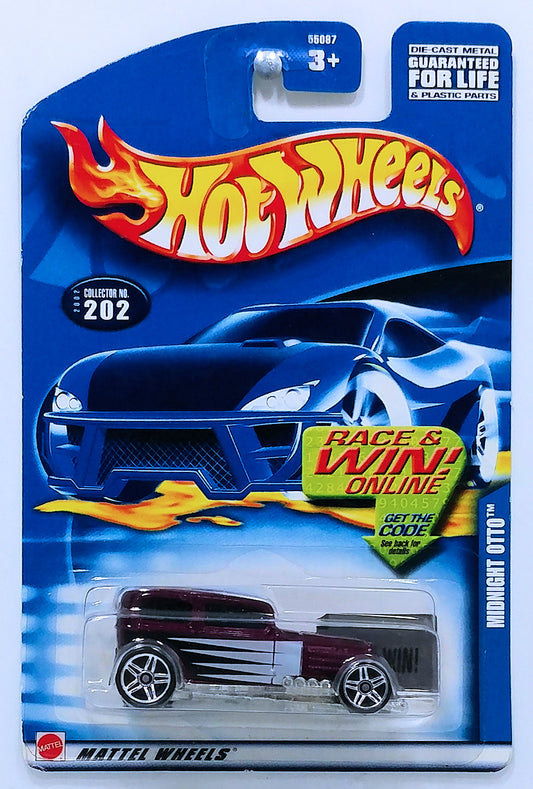 Hot Wheels 2002 - Collector # 202/240 - Midnight Otto - Metallic Maroon - USA Race & Win Card