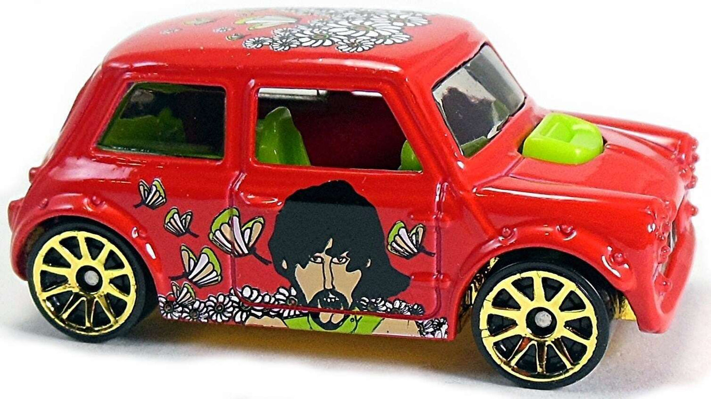 Hot Wheels 2016 - The Beatles - Yellow Submarine  # 4/6 - Morris Mini - Red - Gold 10 Spoke Wheels - Tinted Windows - Green Interior - Gold Chrome Plastic Base