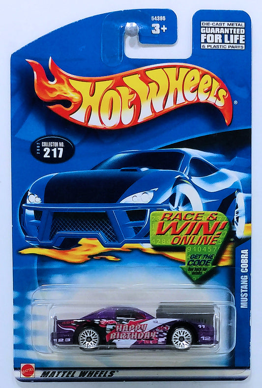 Hot Wheels 2002 - Collector # 217/240 - Mustang Cobra - Purple / Happy Birthday Graphics - USA 'Race & Win' Card