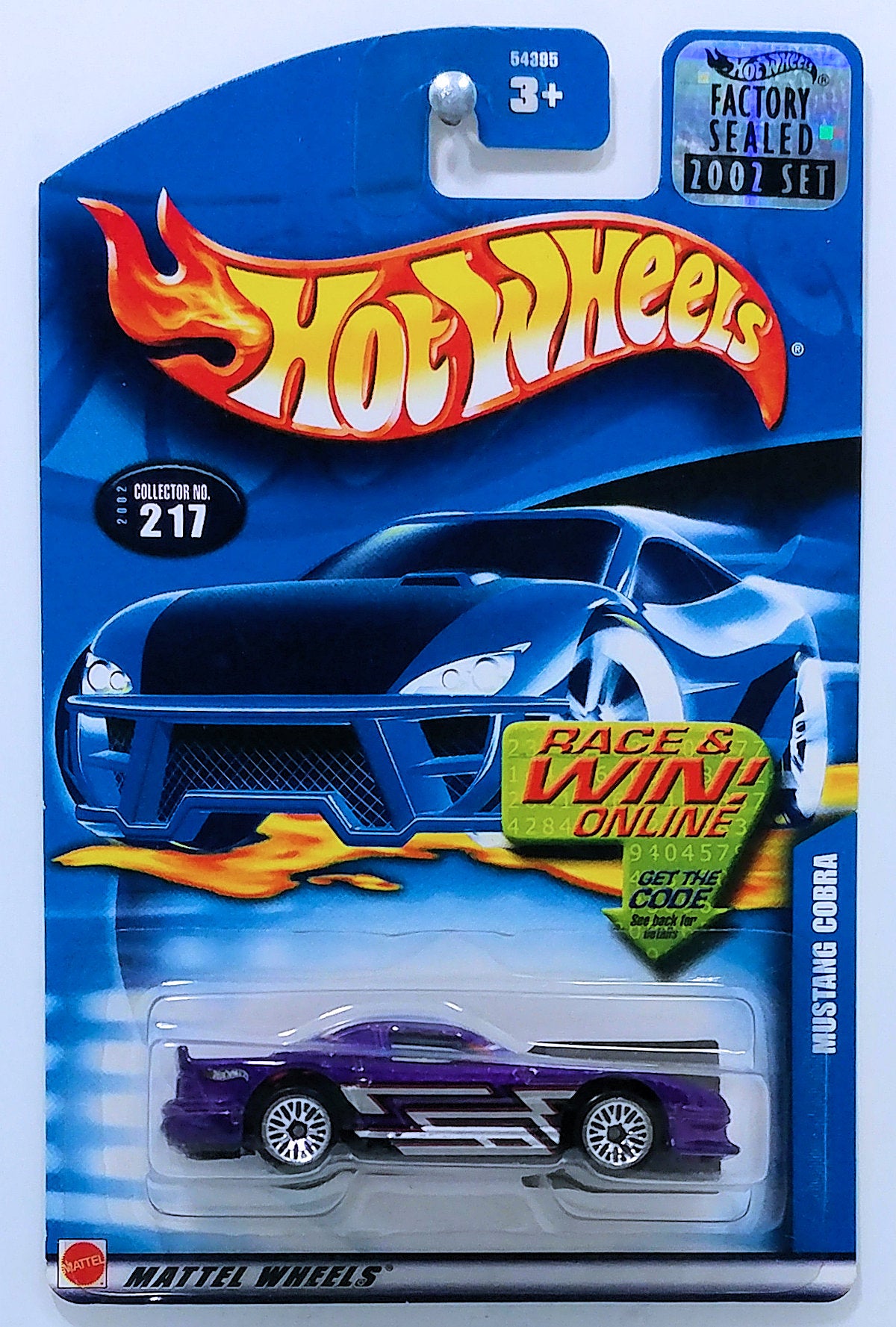 Hot Wheels 2002 - Collector # 217/240 - Mustang Cobra - Purple / Stripe Graphics - USA 'Race & Win' Card with Factory Set Sticker