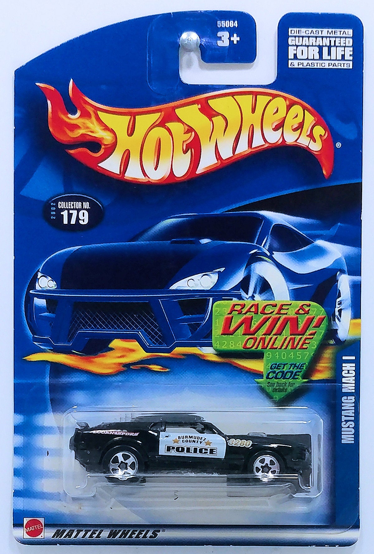 Hot Wheels 2002 - Collector # 179/240 - Mustang Mach I - Black & White / Burmudez County Police - USA 'Race & Win' Card