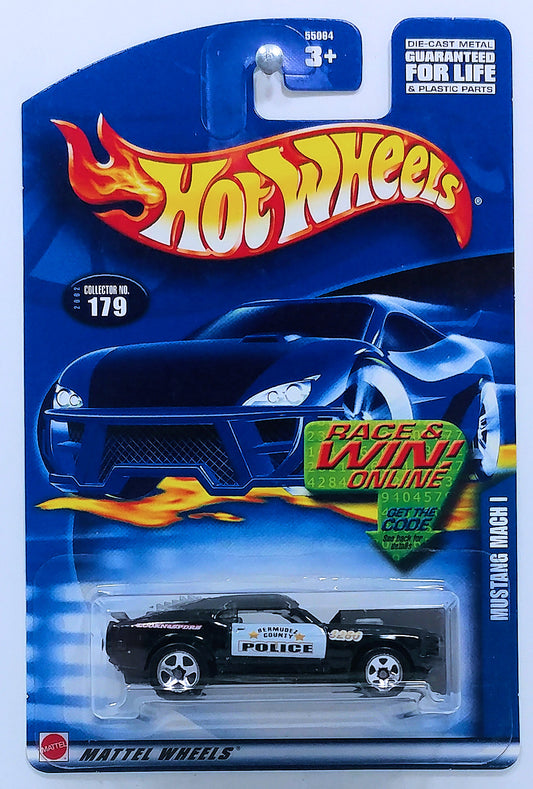 Hot Wheels 2002 - Collector # 179/240 - Mustang Mach I - Black & White / Bermudez County Police - USA 'Race & Win' Card