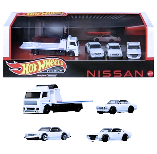 Hot Wheels 2023 - Premium / Nissan Diorama / LBWK HAKO 4 Car Box Set - Fleet Street, Nissan Skyline 2000GT-R LBWK, Nissan Skyline C210 & Nissan Skyline HT 2000GT-X - All vehicles are White Enamel - Metal/Metal & Real Riders - Display Box