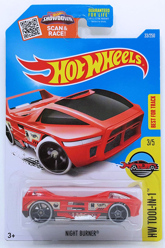 Hot Wheels 2016 - Collector # 033/250 - HW Tool-in-1 3/10 - Treasure Hunts - Night Burner - Red / Circle Flame Logo on Rear Wing - USA 'Showdown' Card