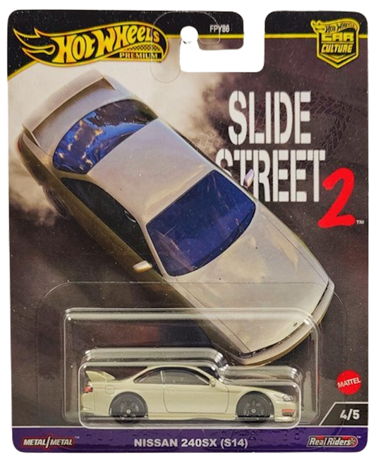 Hot Wheels 2024 - Premium / Car Culture / Slide Street 2 # 4/5 - Nissan 240SX (S14) - Gray - Metal/Metal & Real Riders