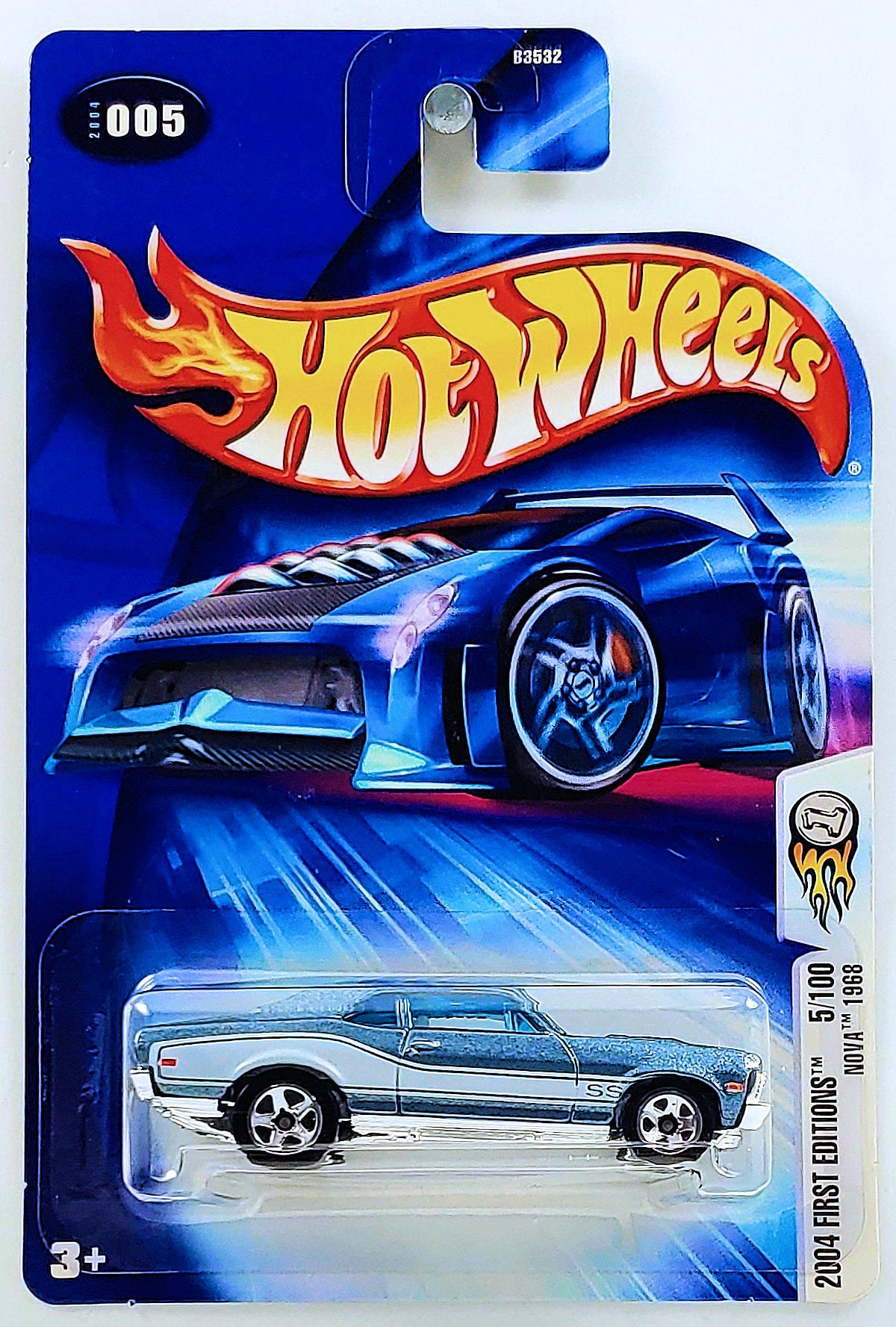 Hot Wheels 2004 - Collector # 005/212 - First Editions 005/100 - Nova 1968 - Metallic Blue / White Stripes - 5 Spokes - USA '04 Card