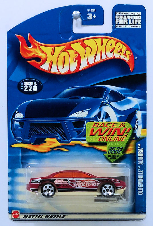 Hot Wheels 2002 - Collector # 228/240 - Oldsmobile Aurora - Metalflake Dark Red / Arson Investigator - USA 'Race & Win' Card