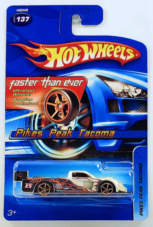 Hot Wheels 2005 - Collector # 137/183 - Faster Than Ever - Pikes Peak Tacoma - White - FTE Wheels - White Plastic Vent Insert - USA '06 FTE Card