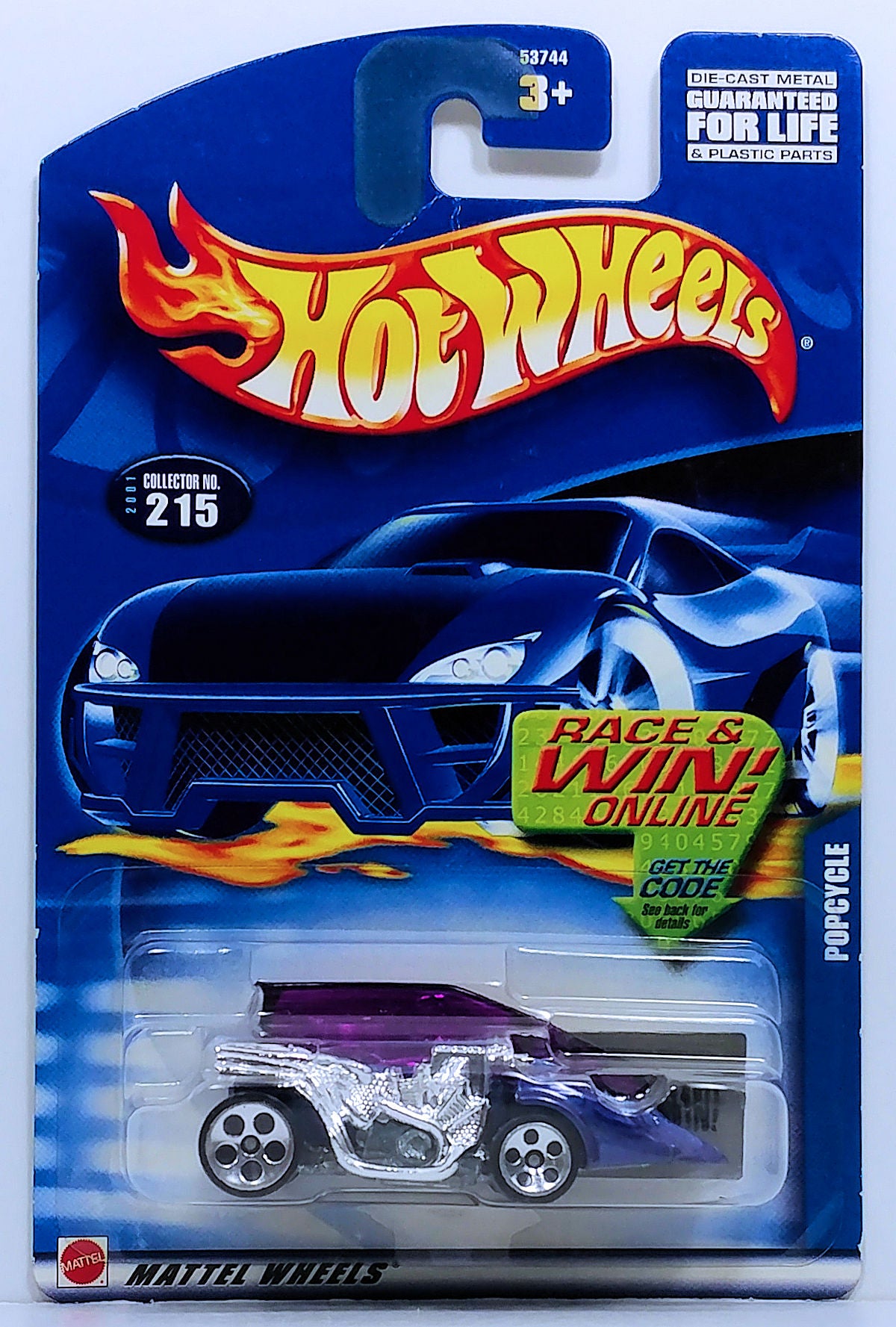 Hot Wheels 2001 - Collector # 215/240 - Popcycle - Metallic Purple - USA Race & Win Card