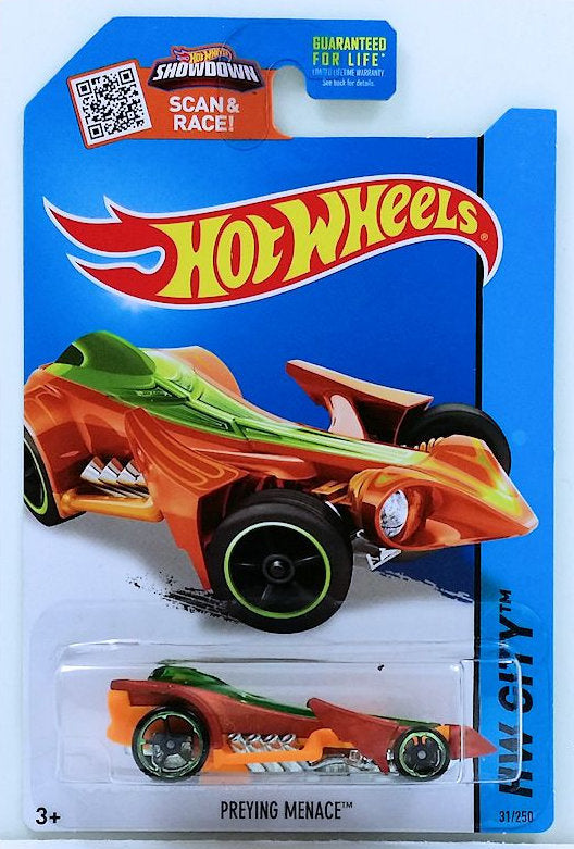 Hot Wheels 2015 - Collector # 031/250 - HW City / Street Beasts - Preying Menace - Orange - USA 'Showdown' Card