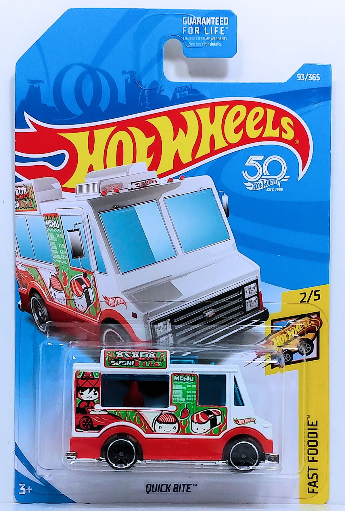 Hot Wheels 2018 - Collector # 093/365 - Fast Foodie 2/5 - Quick Bite (Ice Cream Truck) - White / 'ASADA SUSHI' - USA 50th Card