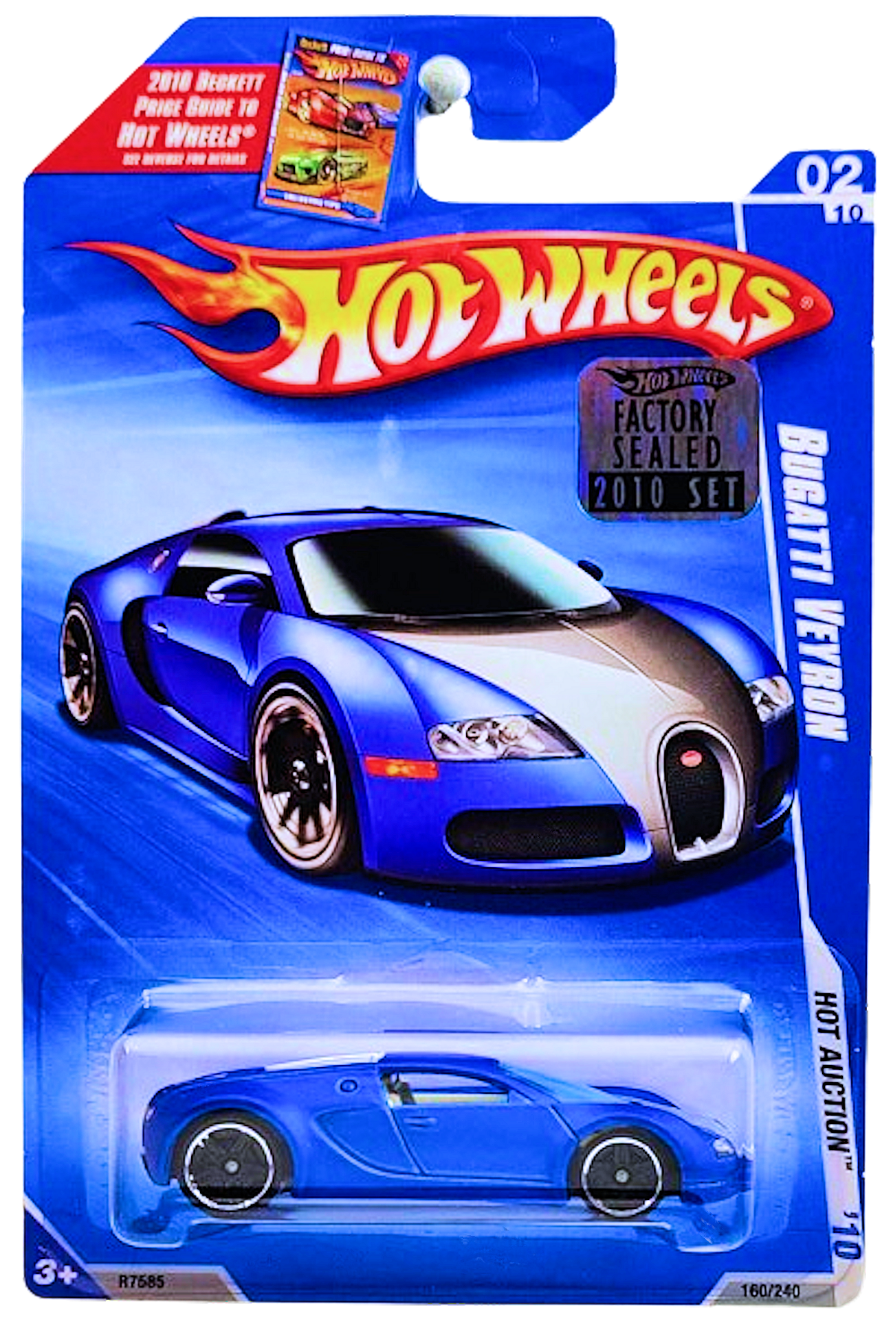 Hot Wheels 2010 - Collector # 160/240 - Hot Auction 2/10 - Bugatti Veyron - Satin Blue - USA Card with Beckett Promo & Factory Set Sticker