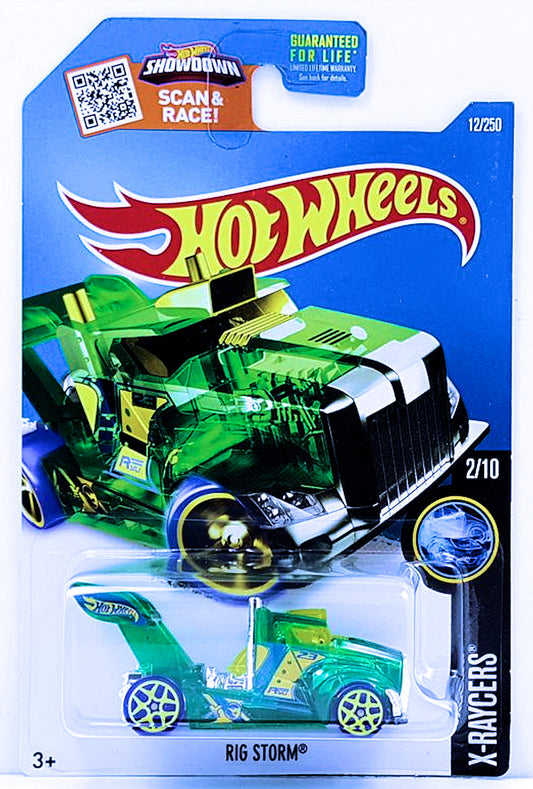 Hot Wheels 2016 - Collector # 012/250 - X-Raycers 2/10 - Treasure Hunts - Rig Storm - Transparent Green / Circle Flame Logo on Sides - USA 'Showdown' Card