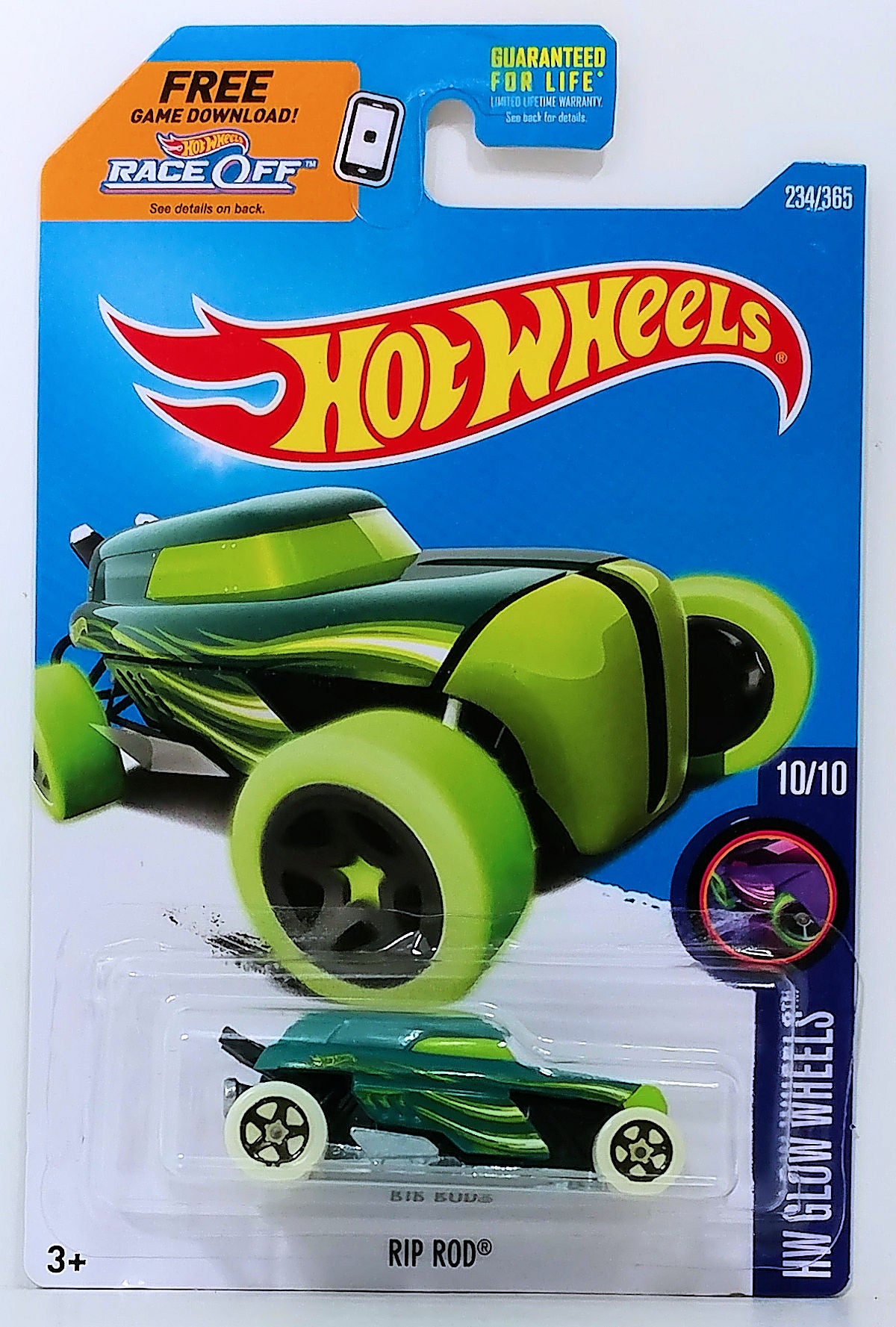 Hot Wheels 2017 - Collector # 234/365 - HW Glow Wheels 10/10 - Rip Rod - Green - USA 'Race Off' Card