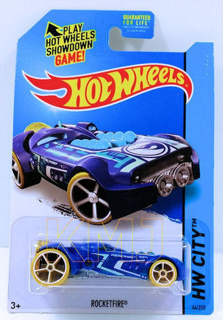 Hot Wheels 2015 - Collector # 044/250 - HW City / HW Space Team / Treasure Hunts - Rocketfire - Blue / Circle Flame Logo on Nose - USA 'Showdown' Card