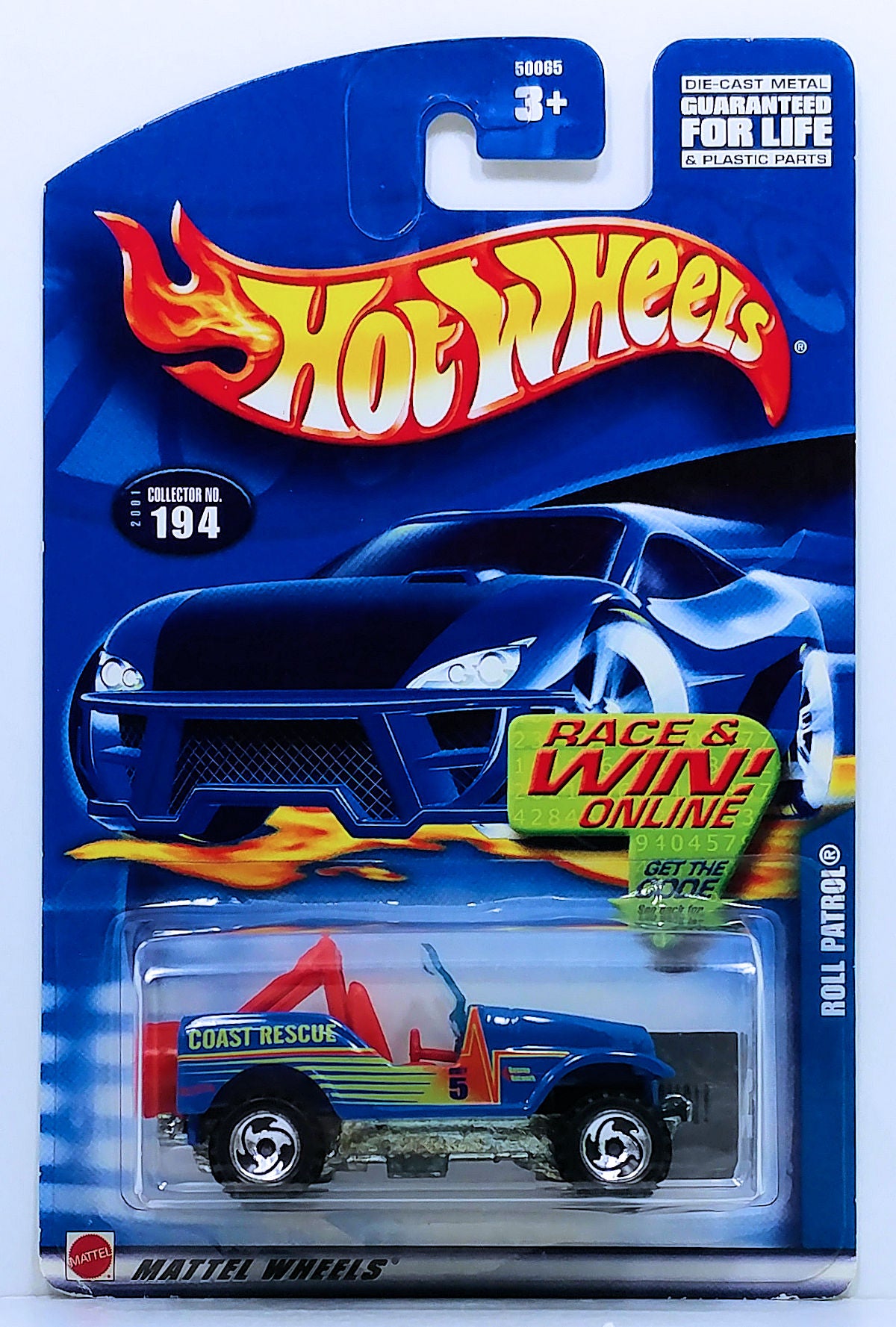 Hot Wheels 2001 - Collector # 194/240 - Roll Patrol (Jeep) - Blue / Coast Rescue - Sawblades - USA R&W Card