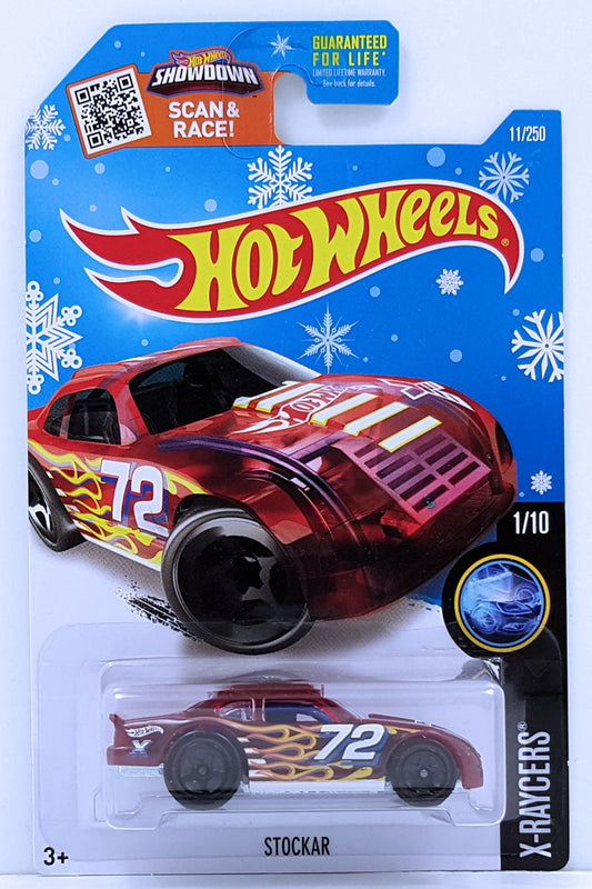 Hot Wheels 2016 - Collector # 011/250 - X-Raycers 1/10 - Stockar - Transparent Red / Flames / #72 - USA 'Snowflake' Card Target Exclusive