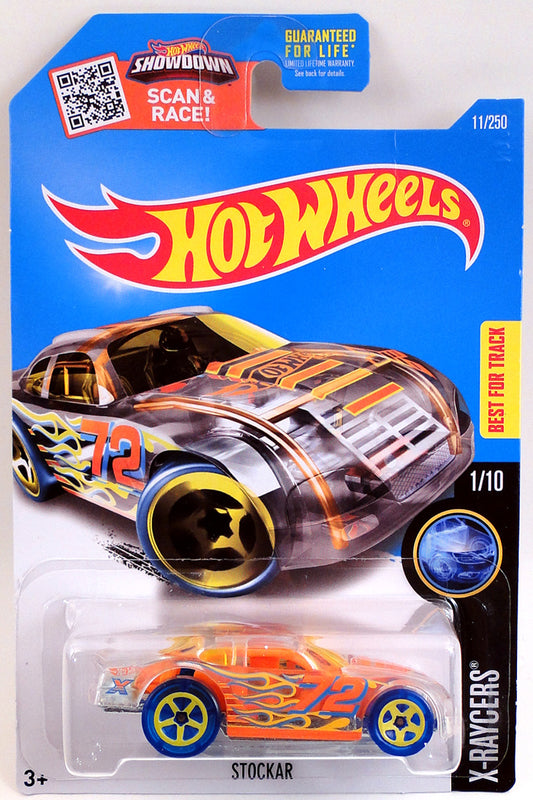 Hot Wheels 2016 - Collector # 011/250 - X-Raycers 1/10 - Stockar - Clear / Flames / #72 - USA 'Showdown' Card