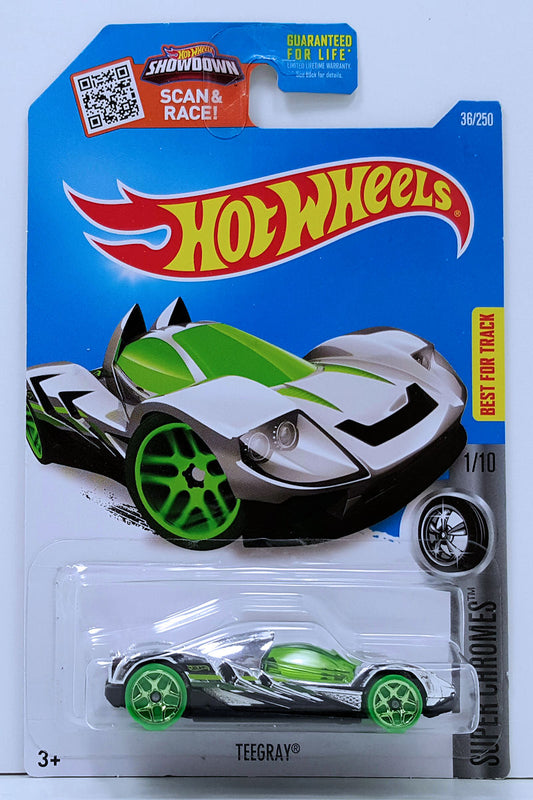 Hot Wheels 2016 - Collector # 036/250 - Super Chromes 1/10 - Teegray - Chrome Body / Green Windows - USA 'Showdown' Card