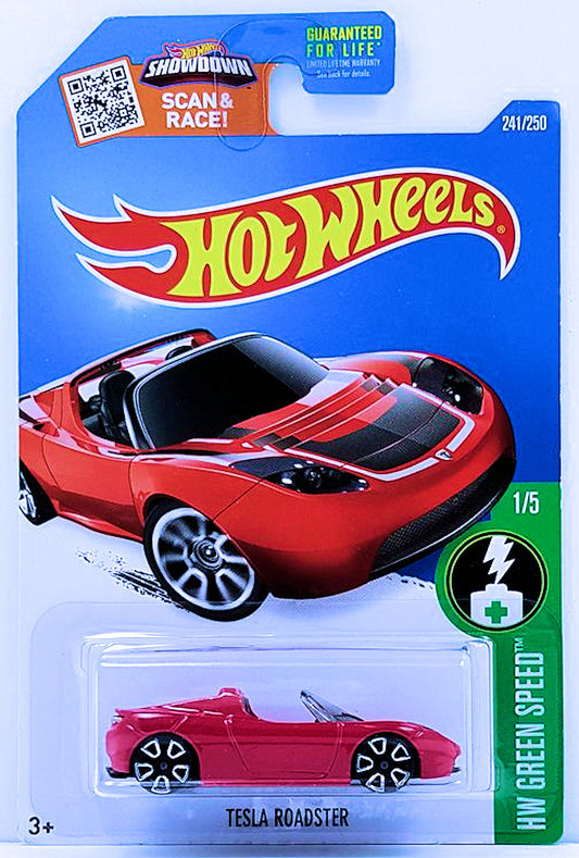 Hot Wheels 2016 - Collector # 241/250 - HW Green Speed 1/5 - Tesla Roadster - Red Enamel - Y5 Wheels - USA Card