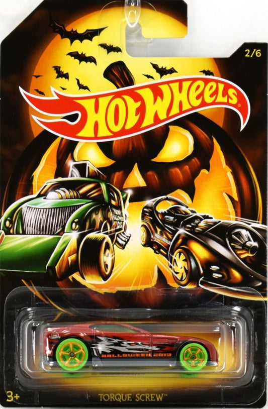 Hot Wheels 2019 - Happy Halloween! 2/6 - Torque Screw - Metallic Red - Green Tires & Orange MC5 Wheels - Green Windows - Gray Interior - Gray Plastic Base - Jack-o-latern Blister Card