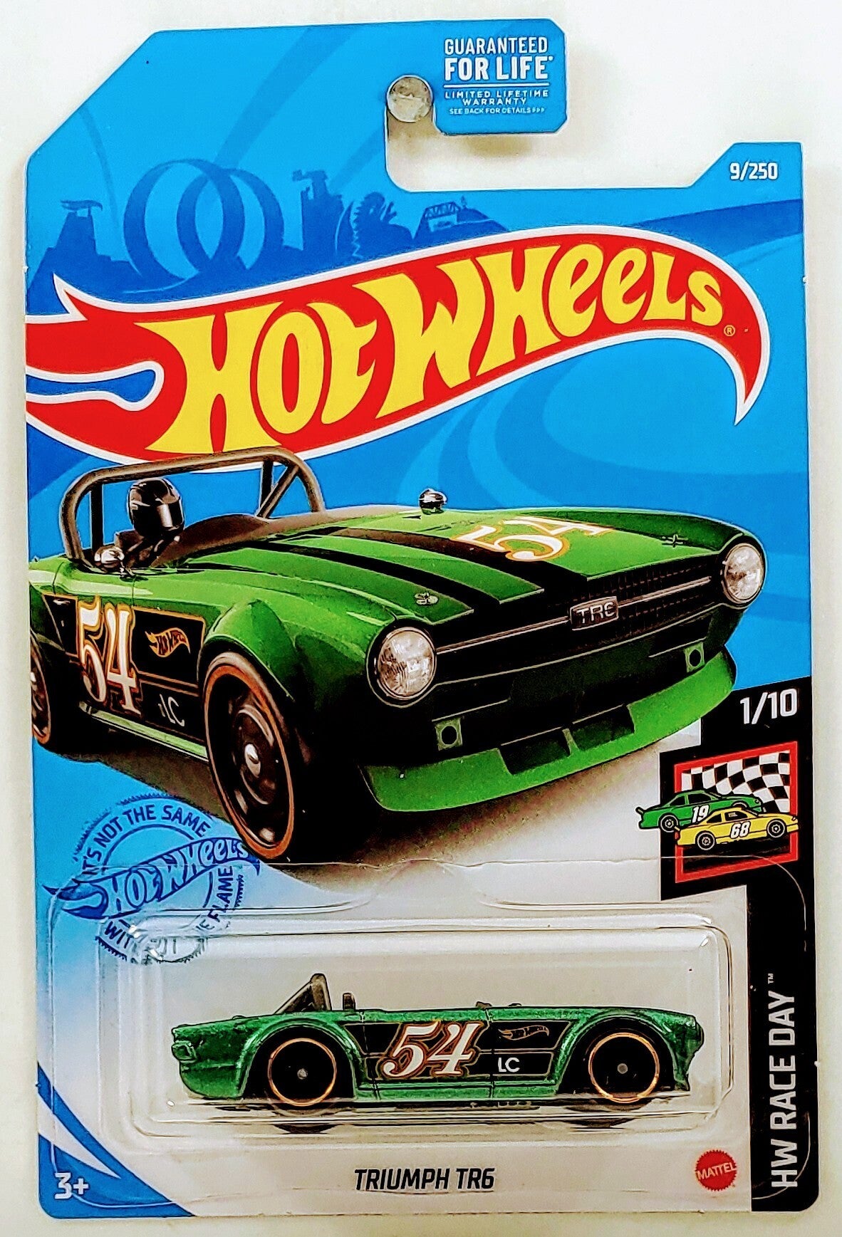 Hot Wheels 2021 - Collector # 009/250 - HW Race Day 1/10 - Triumph TR6 - Metallic Green / #54 - USA Card