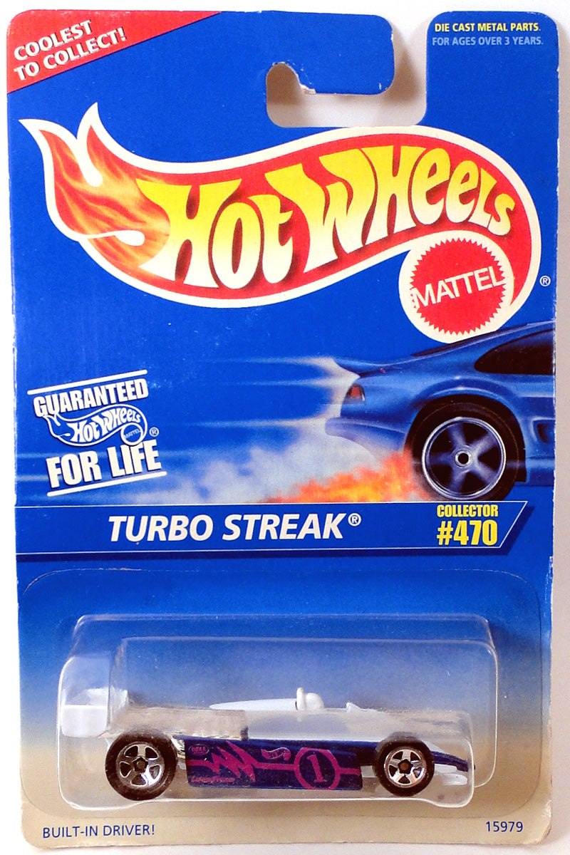 Hot Wheels 1996 - Collector # 470 - Turbo Streak - White & Blue - #1 Graphics on Sides - USA Blue & White Card